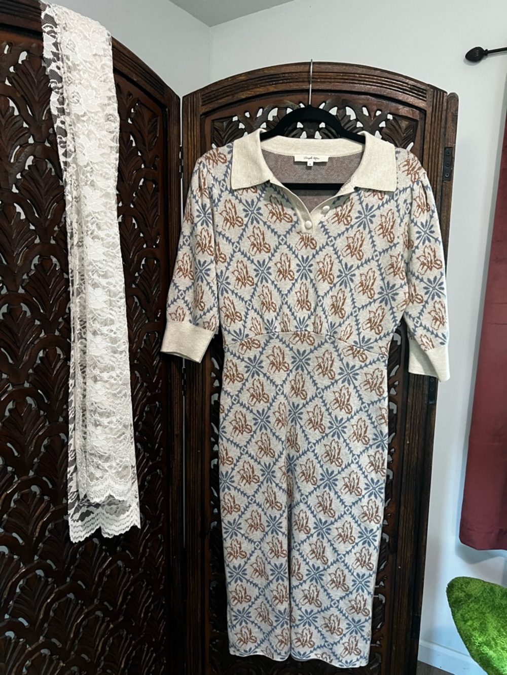 Cream Knit Polo Midi Dress with Blue and Brown Pattern